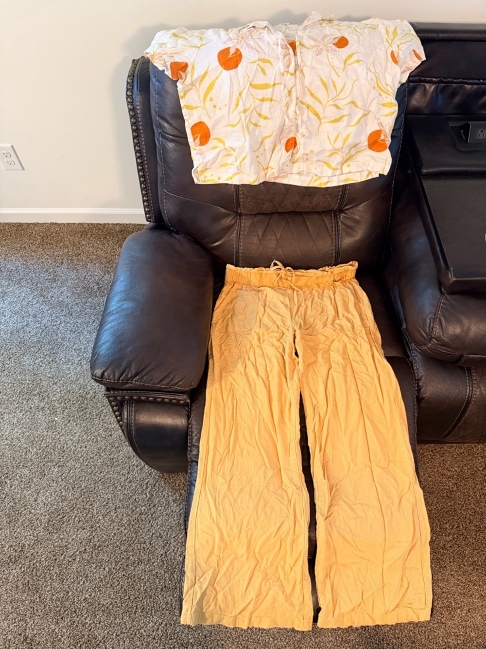 Two-Piece Summer Set — White Top with Orange Print & Mustard Pants